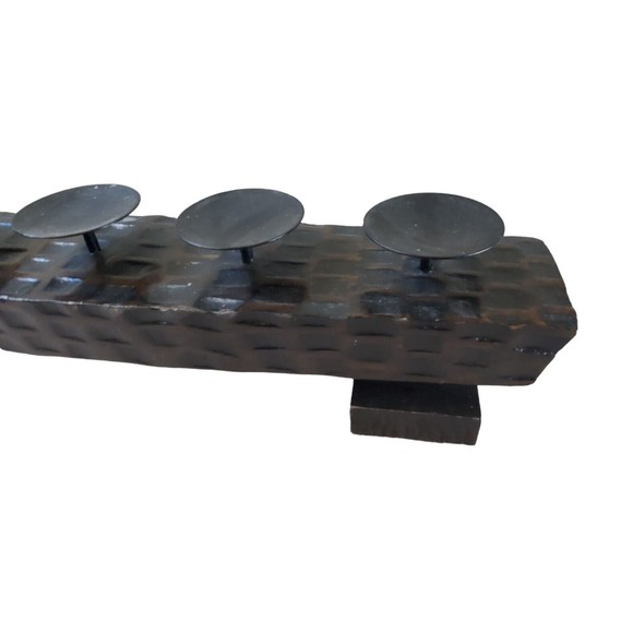 Wood Votive Candle Holder 5 Arm Handcrafted Rustic Candelabra Brutalism Decor - Picture 4 of 8